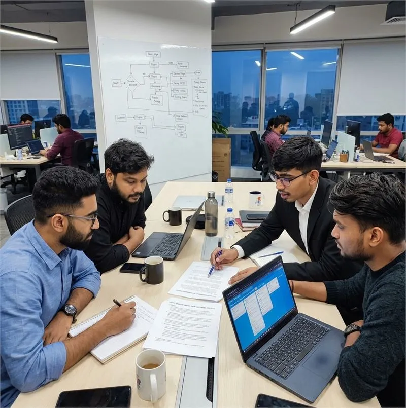 Software team at a Dhaka software company planning a project around a meeting table