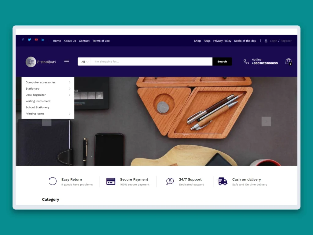 E-monihari website mockup on desktop, tablet and mobile
