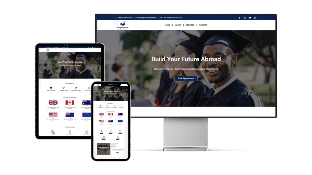 Bright Settle BD website mockup on desktop, tablet and mobile