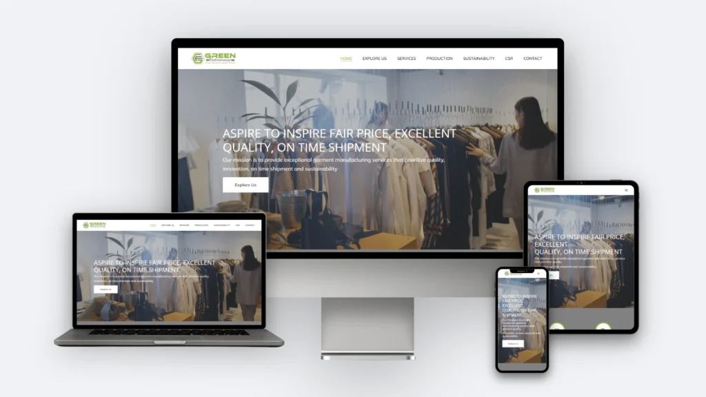 Green Fashion Wear website mockup on desktop, tablet and mobile