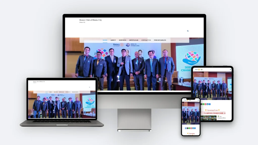 The Rotary Club website mockup on desktop, tablet and mobile