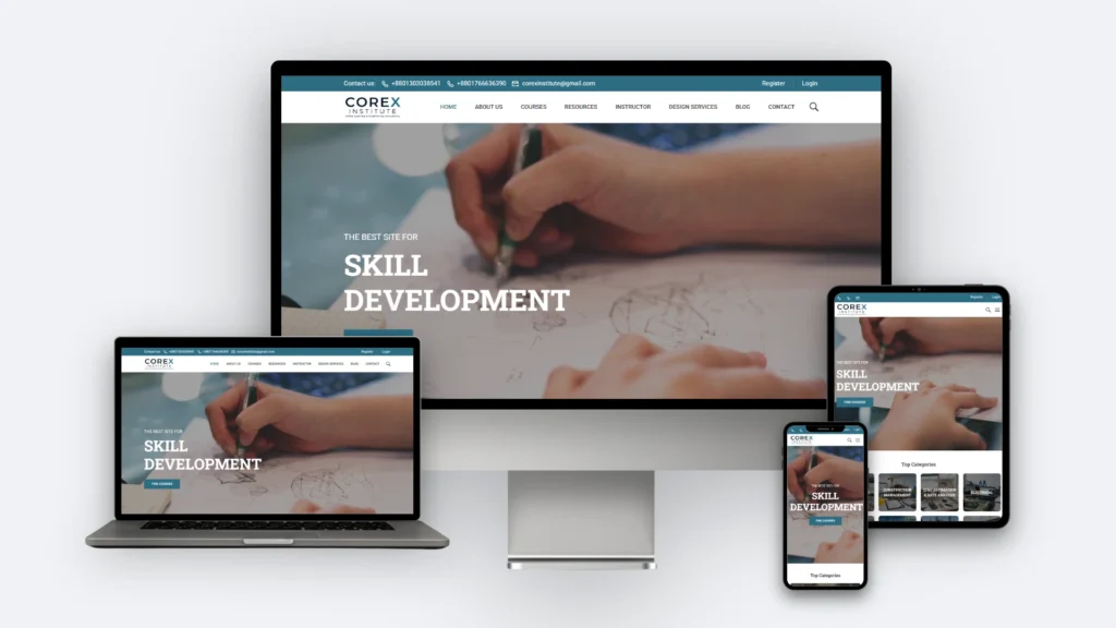 Corex Institute website mockup on desktop, tablet and mobile
