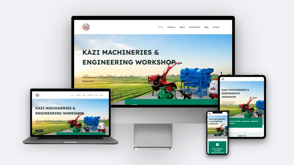 Kazimachinebd website mockup on desktop, tablet and mobile