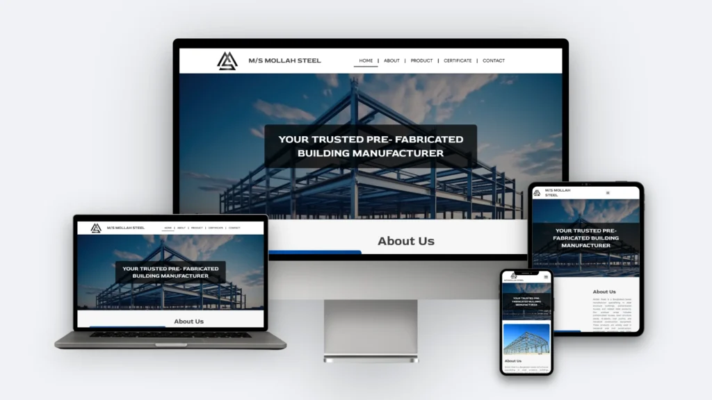 Mollah Steel website mockup on desktop, tablet and mobile