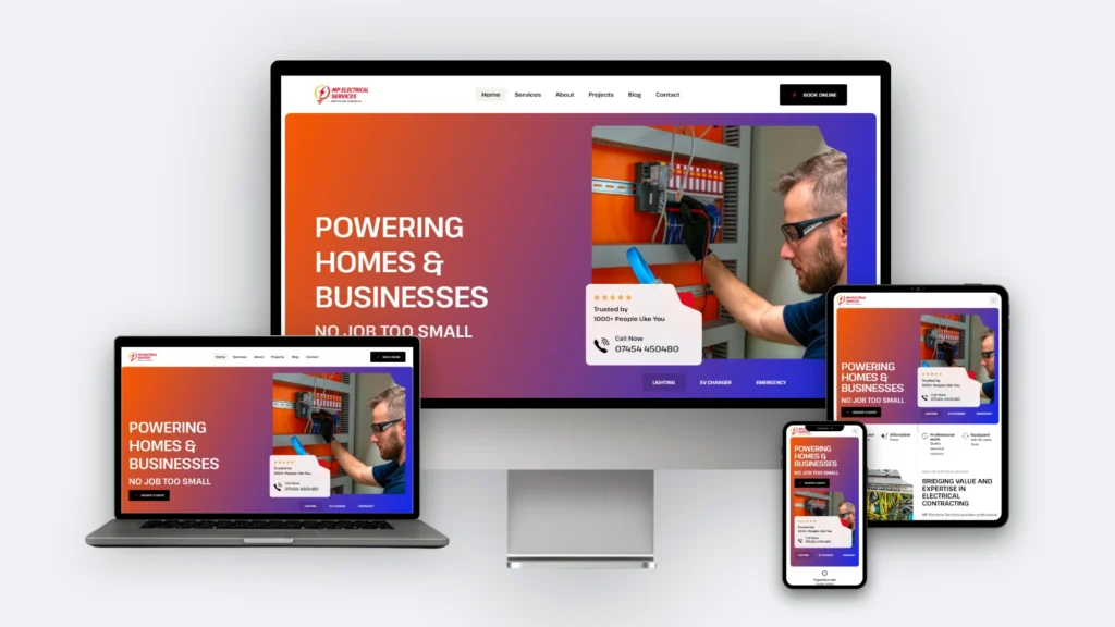 MP Electrical Services website mockup on desktop, tablet and mobile
