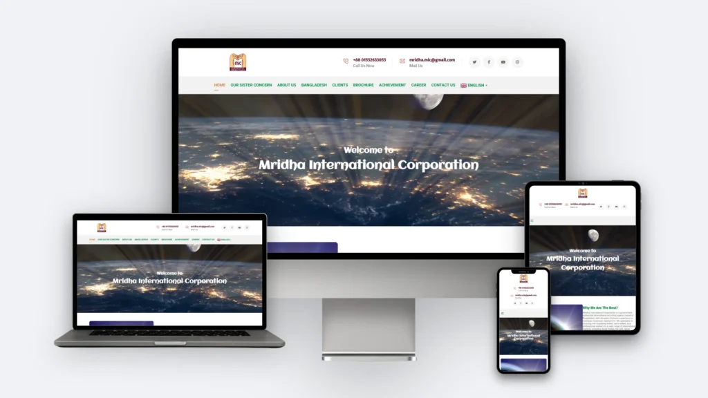 Mridha Group website mockup on desktop, tablet and mobile