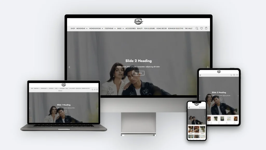 Bonheur Clothing website mockup on desktop, tablet and mobile